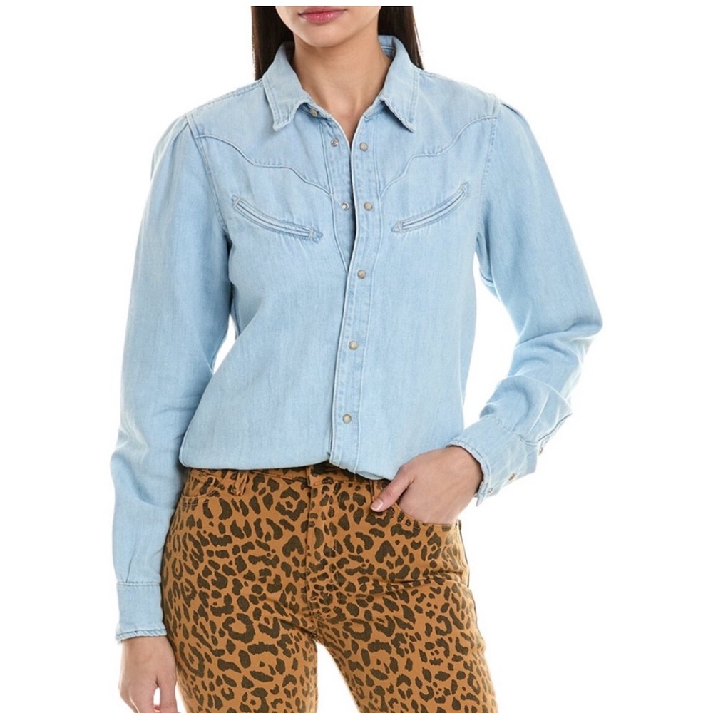 Mother The Ex Rodeo Linen Blend Shirt Size L Western Light Wash Rodeo